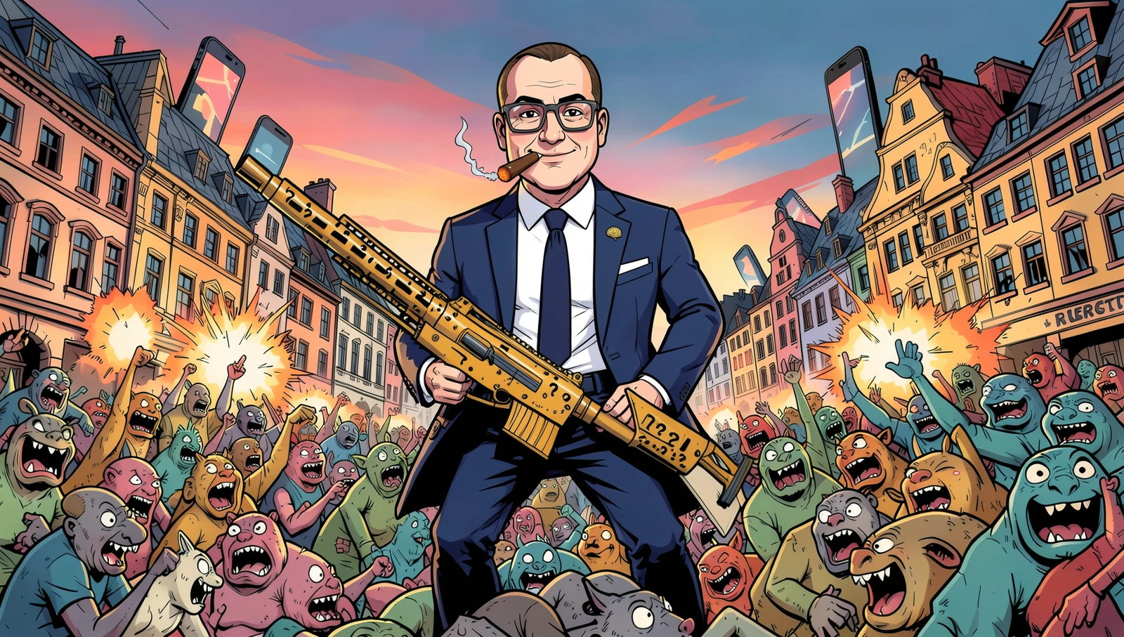 The suited hero stands against a horde of comic-book creatures in a Belgian city.